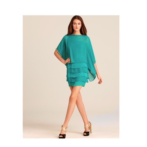 Laundry by Shelli Segal Dress Teal Tiered Sheer Overlay Beaded 2 piece - Picture 1 of 16